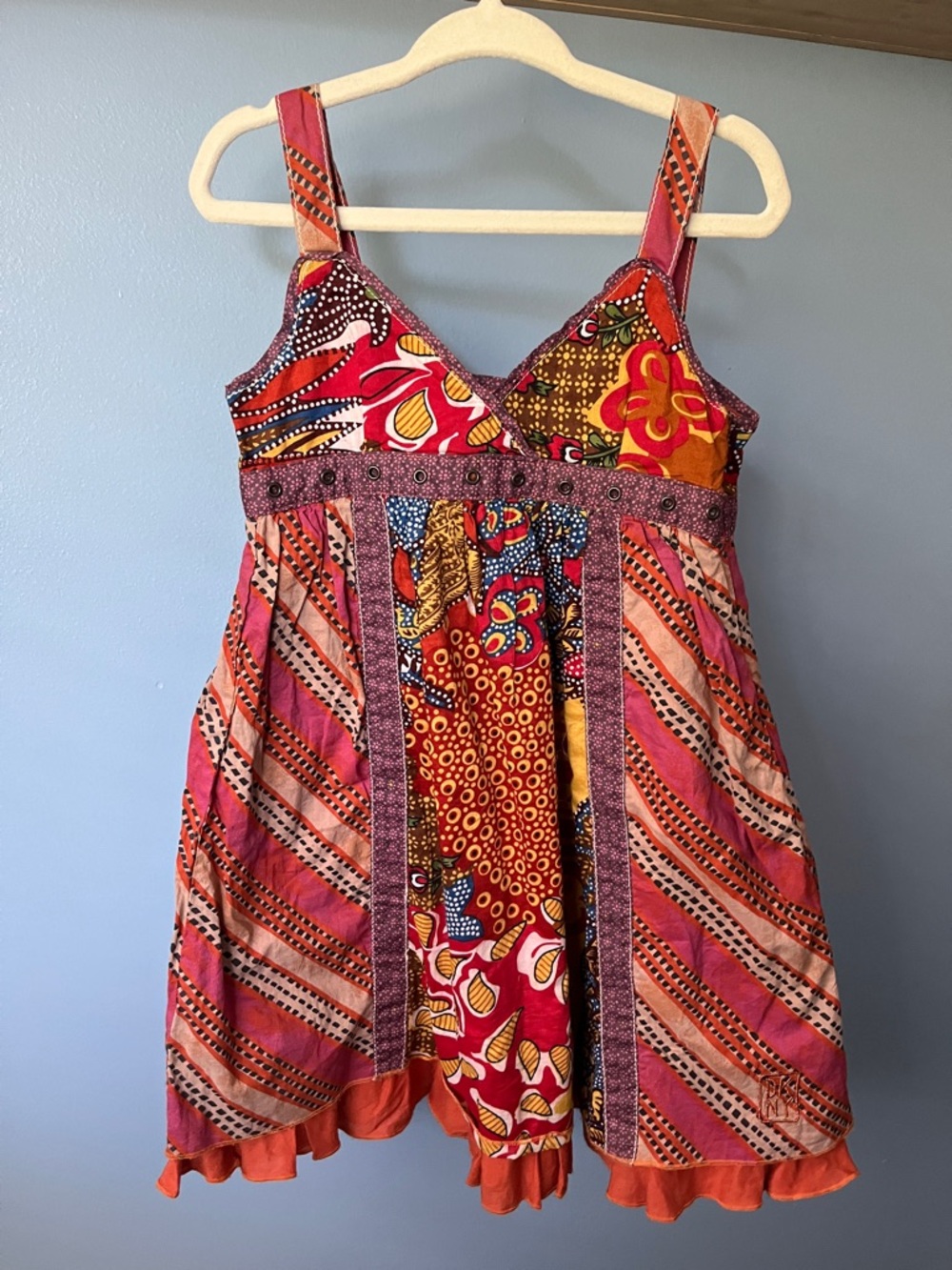 DKNY Red-Orange Patchwork Dress with Purple Trim
